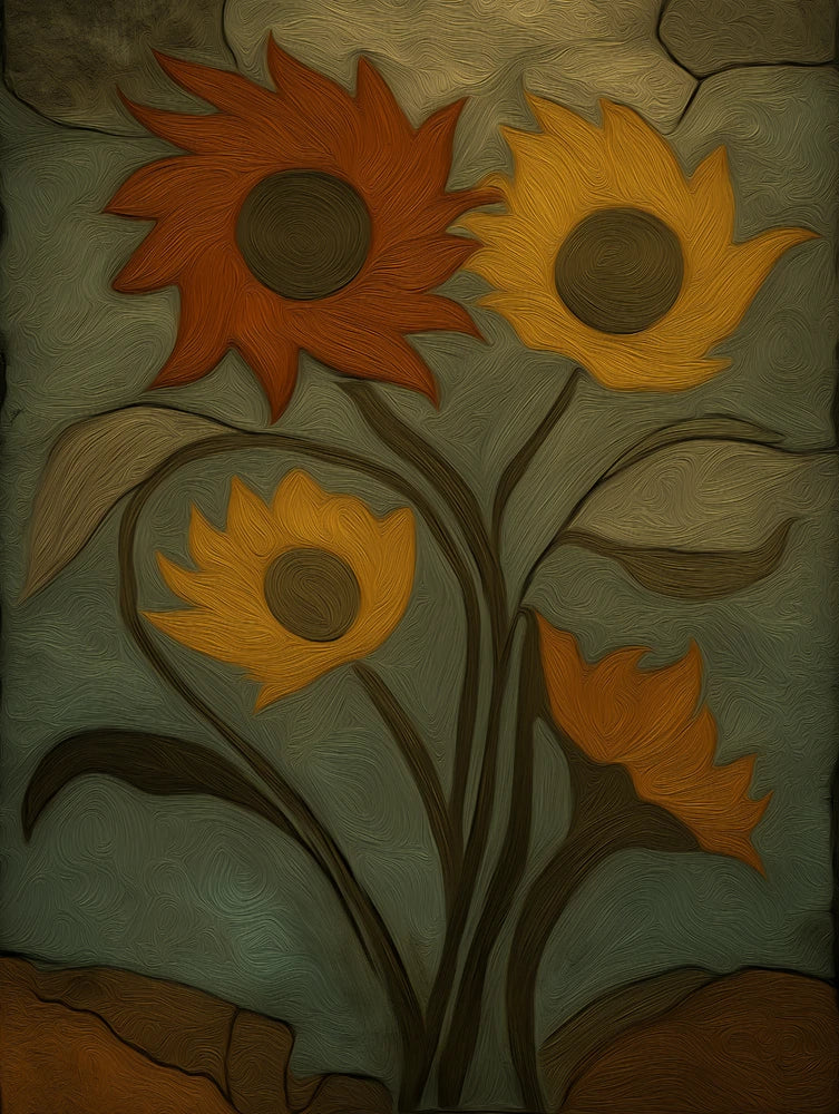Rustic textured floral art poster with orange and yellow sunflowers in bloom