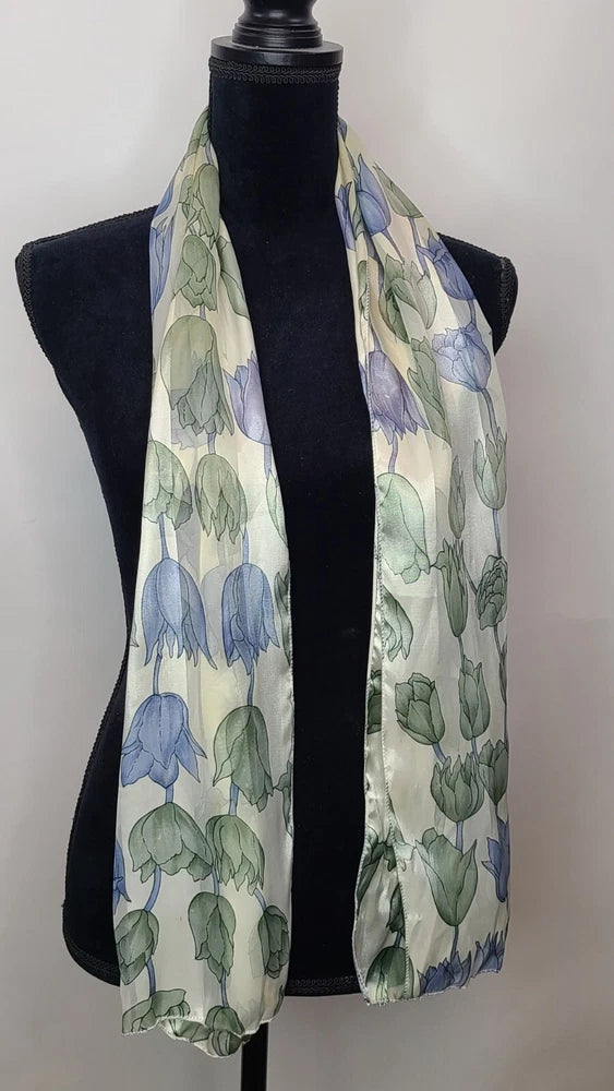 Scarf Blue Green Tulip Carnation Floral 59" x 13" Long Carnation