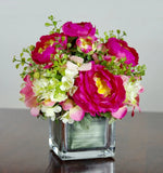 Silk Pink Ranunculus and Hydrangea Arrangement in Clear Glass Cube Hydrangea