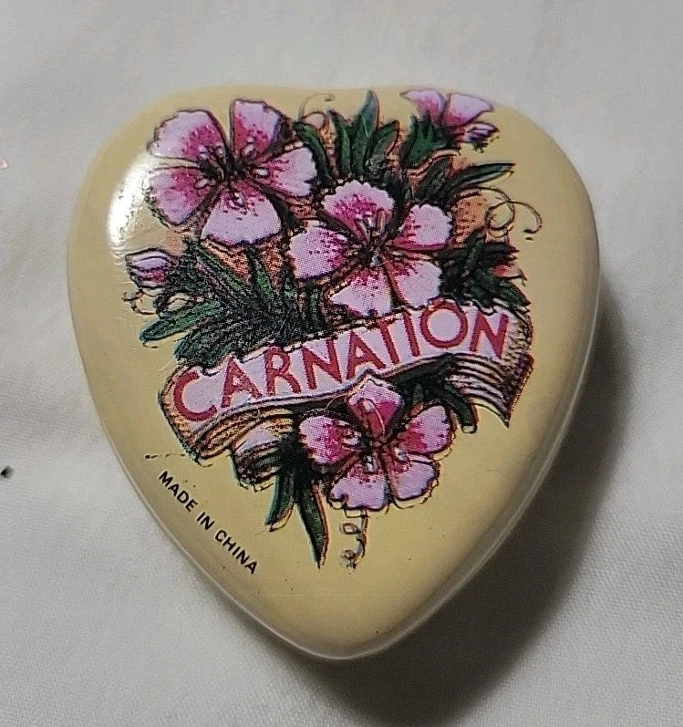 Heart Shaped Metal Tin With Unused Scented Carnation Candle Inside NEW Carnation