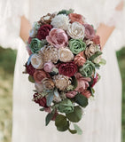 Terra Cotta Cascade Bridal Bouquet Sola Wood Burgundy Pink Sage Wedding Flowers Bouquet