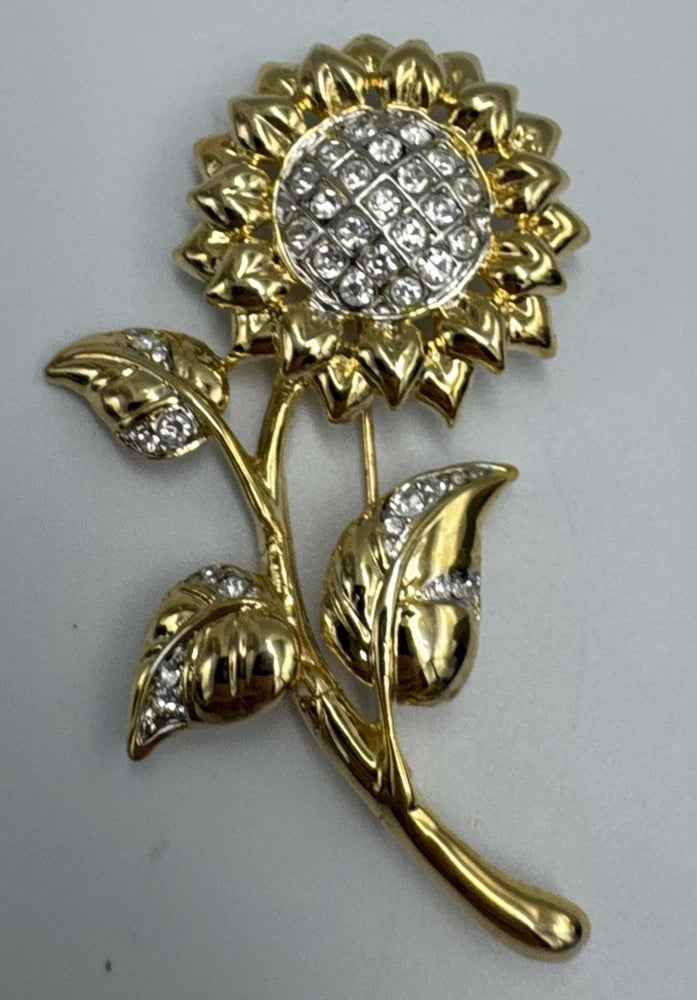 Vintage Summer Sunflower Crystal And Gold Brooch Sunflower