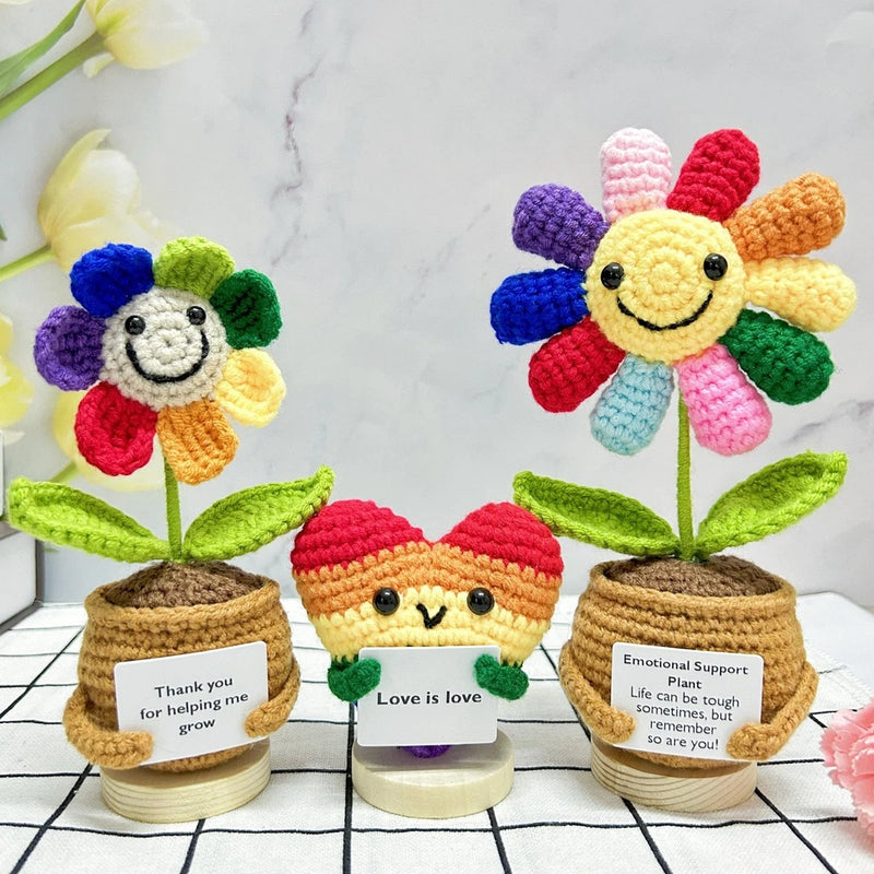 Crochet sunflower desk decor set: three smiling rainbow flowers in small fabric pots