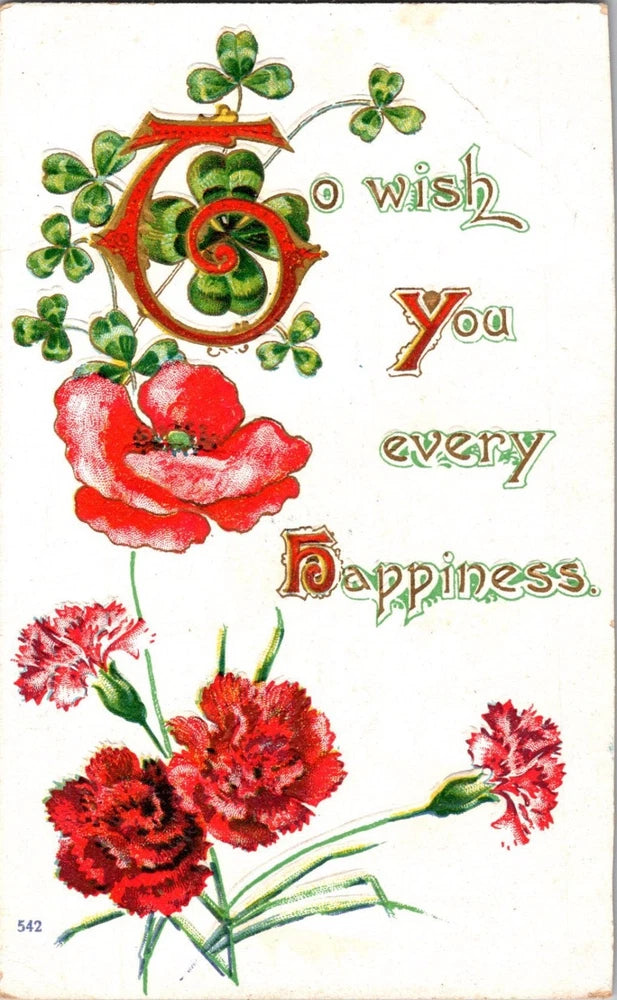 Antique embossed greetings postcard with clovers and red carnations, Wish You Every Happiness