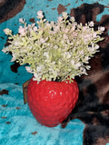 Bright Red Strawberry Vase w/ Flowering Faux White PeeGee Hydrangeas Hydrangea
