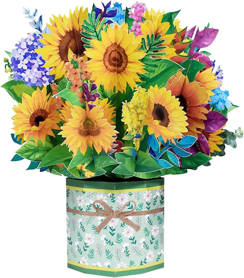 3D sunflower bouquet pop-up greeting card with colorful layered sunflowers and green leaves