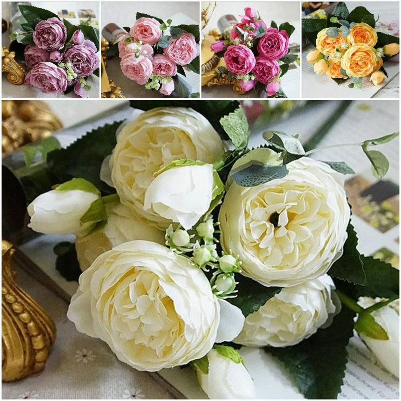 Cream and white artificial peony rose bouquet with green leaves