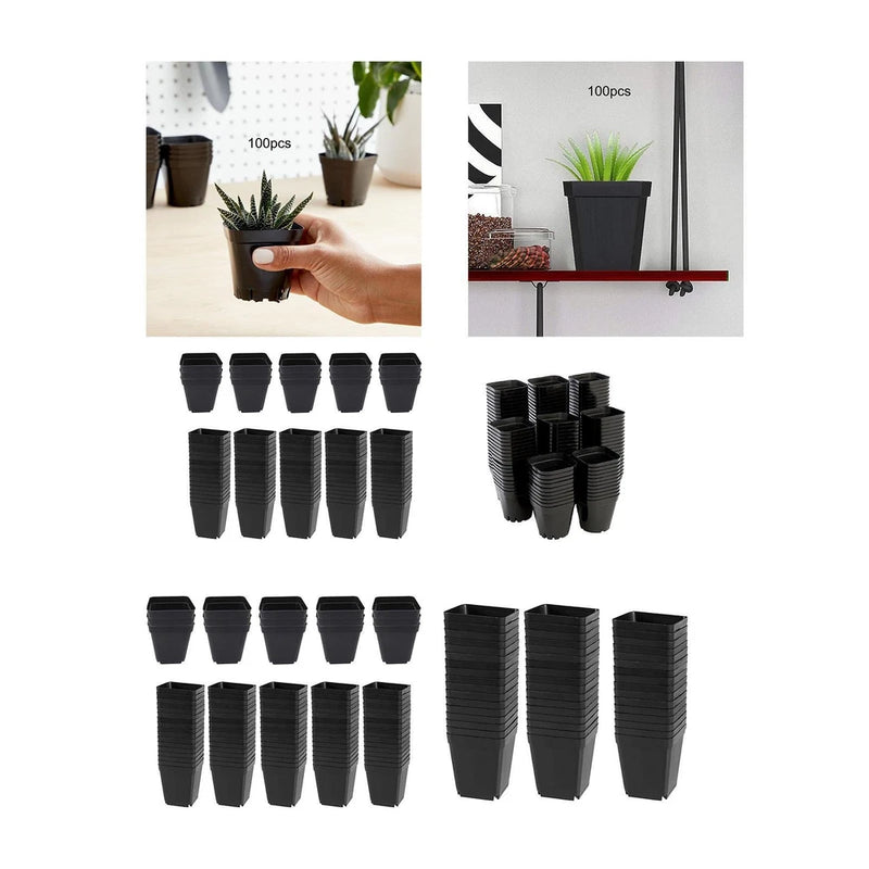 Square black nursery planting pots, 100-piece set of small planters
