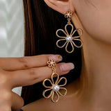 Hollow Flower Daisy Shaped Faux Pearl Dangle Drop Earrings Golden Toned Gift Daisies