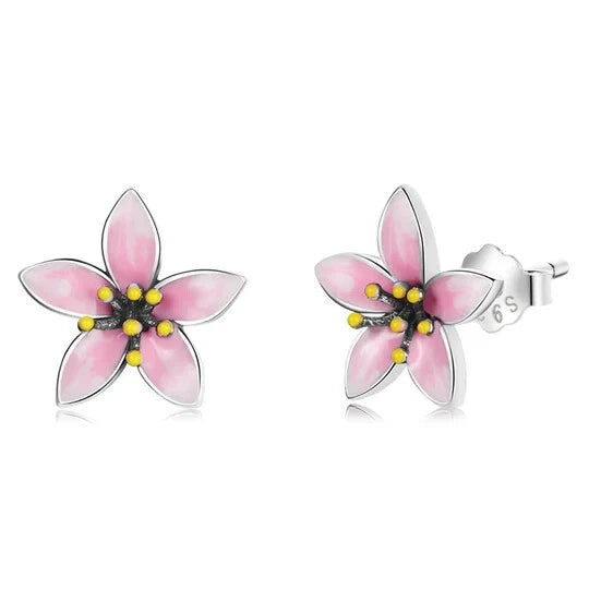 Sterling silver pink lily flower stud earrings with yellow center and black detail