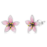 Sterling silver pink lily flower stud earrings with yellow center and black detail
