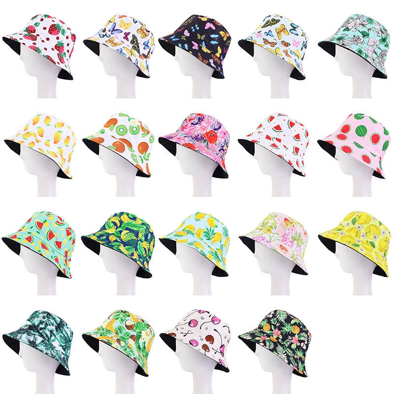 FLORAL COTTON BUCKET HAT REVERSIBLE LADIES Flowers Printed Fisherman Caps N_ Hydrangea