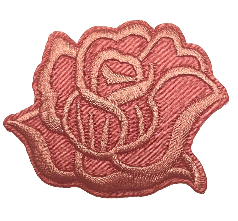 Medium pink embroidered iron-on rose patch with layered petal design
