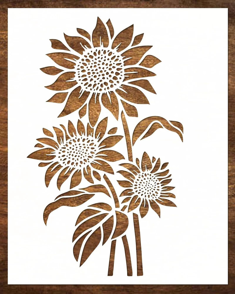 Reusable sunflower stencil sheet with three sunflower designs and leaf stems