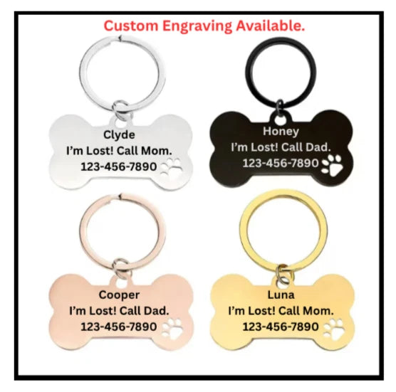 Bone-shaped pet ID tags with engraved names and phone numbers, double-sided