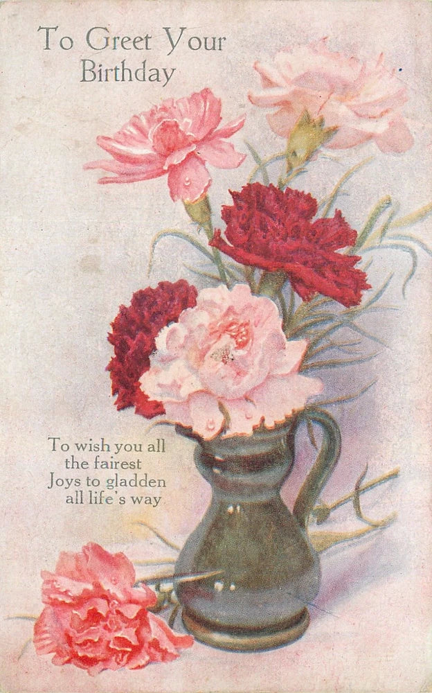 Birthday greeting card illustration with carnations in a vase and pink flower blooms