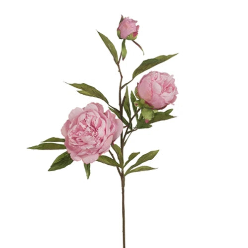 Artificial peony flower spray with three light pink blossoms and green leaves