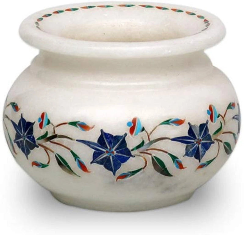 White Marble Flower Vase Semi Precious Gemstone Inlay Work Plant Pot for Garden Garden Plants