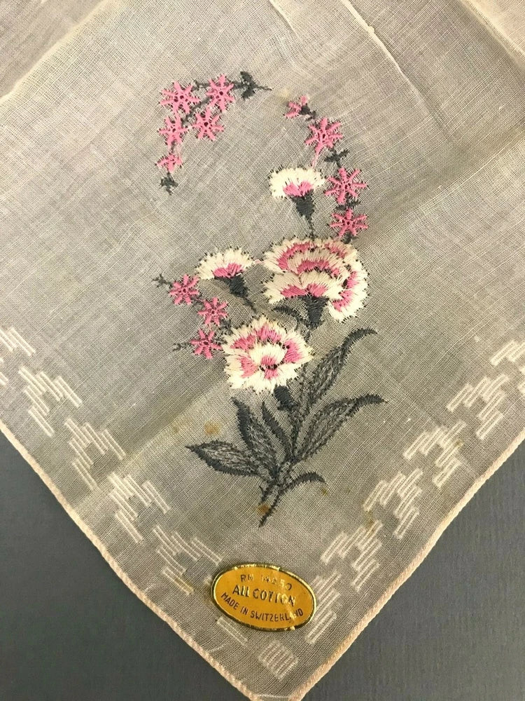 Vtg Switzerland Embroidered Pink Carnation Floral All Cotton Handkerchief NWT Carnation