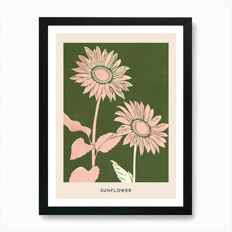 Framed wall art print with pink sunflowers on green background, cream mat, black frame