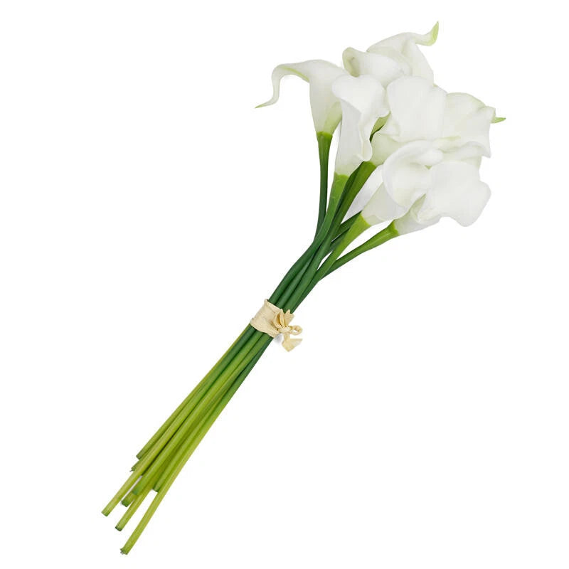14-inch artificial white calla lily bouquet with tied green stems