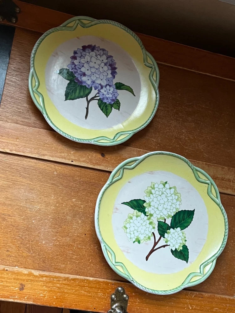 Lot of 2CBK Ltd. Yellow & Green w Purple & White Hydrangea Flowers Heavy Ceramic Hydrangea