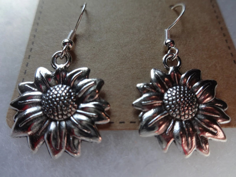 FLOWER EARRINGS SUNFLOWER BLACK EYED SUSAN DAISY 925 SILVER HOOKS NIP HANDMADE Sunflower