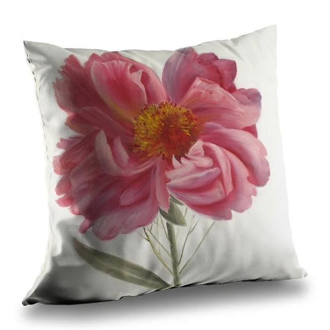 Square throw pillow, white with large pink peony flower print