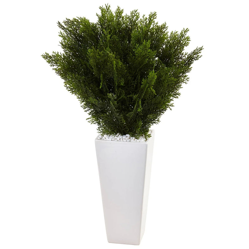 Nearly Natural Cedar In White Tower Planter Artificial Silk Plant Home Decor Green Plant