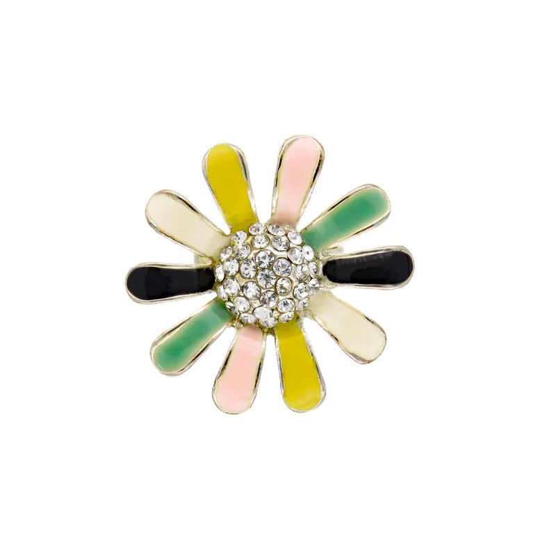 Sunflower flower cocktail ring with multicolor enamel petals and crystal rhinestone center