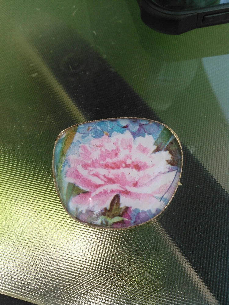 Pink Carnation and Blue Flower Picture Brooch Carnation
