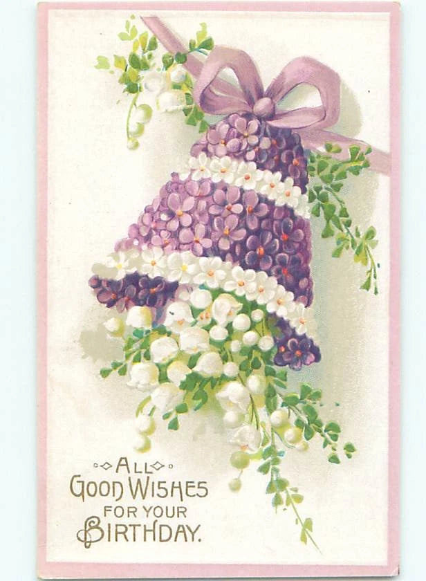 Birthday greeting card with violet floral bell illustration and lily-of-the-valley vines