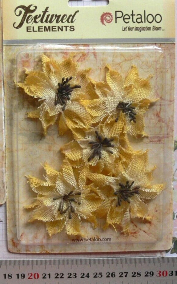 WILD SUNFLOWERS Textured Burlap YELLOW x 5 flowers 60-65mm across Petaloo L4 Sunflower