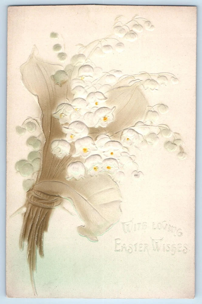 Embossed Easter lily bouquet antique unposted postcard, pale cream background