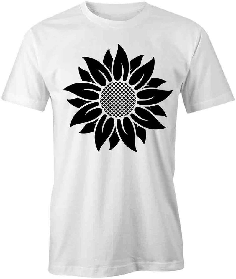 White cotton short-sleeve T-shirt with black sunflower graphic on chest
