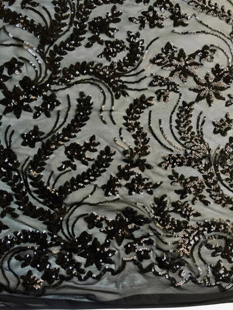 Erin BLACK Flowers and Leaves Sequins on Mesh Lace Fabric by the Yard - 10063 Flowering Plants