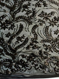 Erin BLACK Flowers and Leaves Sequins on Mesh Lace Fabric by the Yard - 10063 Flowering Plants