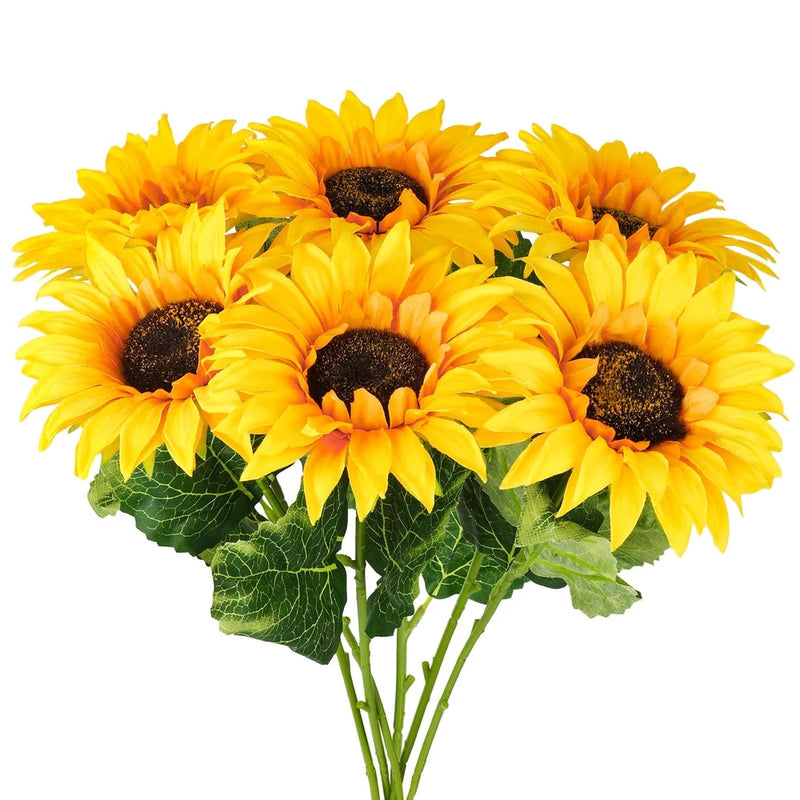 Artificial sunflower bouquet, 6 yellow silk blooms with dark centers and green leafy stems