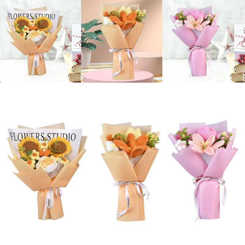 Knitted crochet flower bouquet in paper wrap with orange, yellow, and white blooms