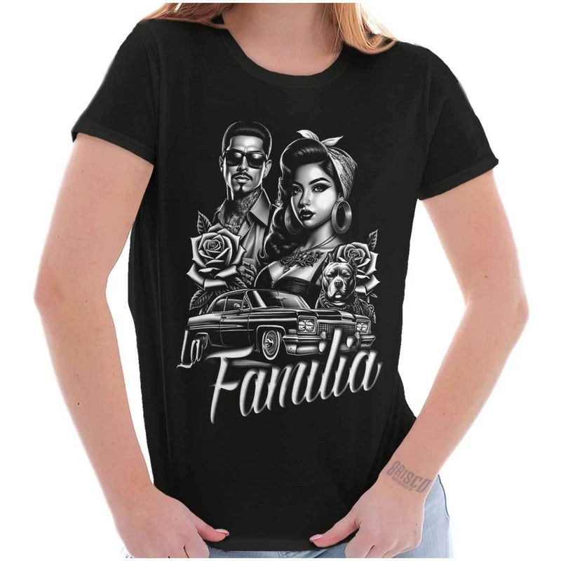 Women's black graphic T-shirt with Familia script and couple portrait, roses and lowrider.