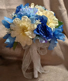 NEW Artificial Asst Blues/Off White Flowers Bride Wedding Round Clutch Bouquet Bouquet