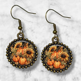 Autumn Harvest Pumpkins Sunflower Earrings Bronze Dangle Handcrafted Jewelry Sunflower