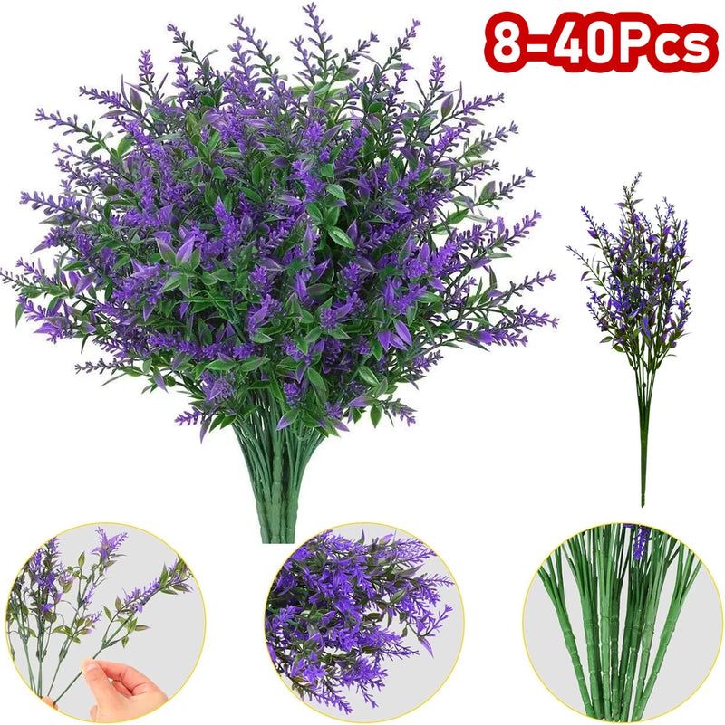 Artificial lavender flower bundle with green stems, plastic UV-resistant faux plants