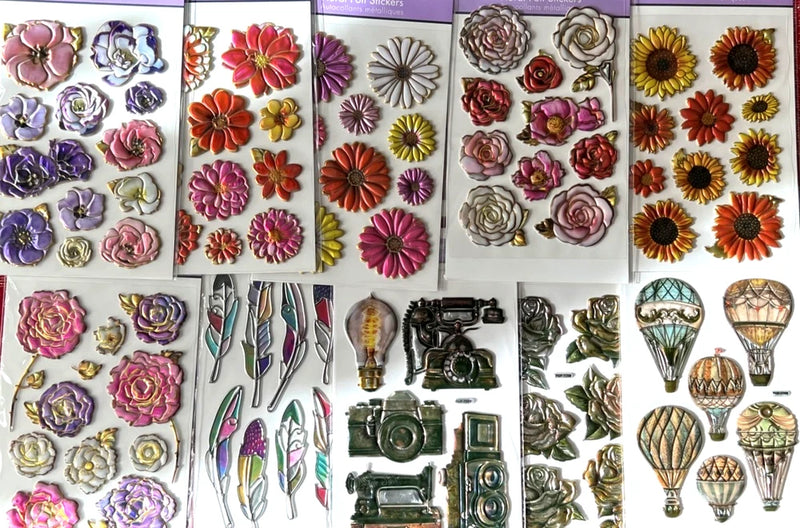 YOU CHOOSE - PUFFY FOIL VINTAGE & FLOWERS 3D STICKERS - RARE -  FREE SHIPPING Sunflower