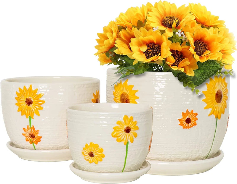 Set of 3 ceramic plant pots, white with sunflower decals and green stems