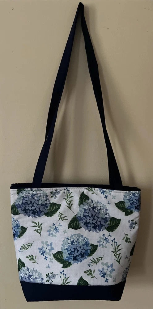 Handmade Blue Hydrangea Floral Tote Bag Navy Bottom Crossbody Magnetic Snap Hydrangea