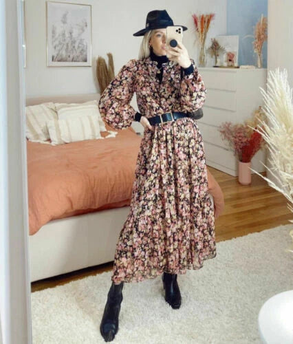 Black chiffon roses print midi dress with long sleeves and buttoned bow neckline