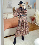 H&M Black Pink Brown Floral Roses Print Chiffon Midi Maxi Dress size M 12 14 16 Roses