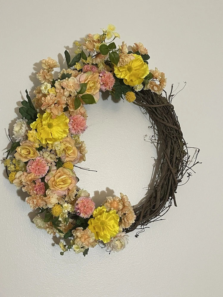 Artificial Spring Wreath for Front Door or Porch, Yellow, Peach And Orange Ranunculus