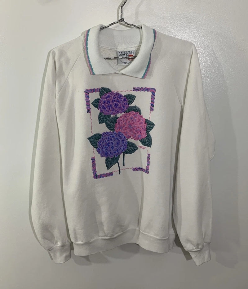 Vintage Sweater Sweatshirt 90s Hydrangea Flower Large Hydrangea